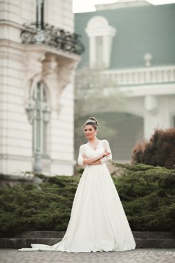 Eski şehirde poz lüks beyaz elbise ile harika gelin