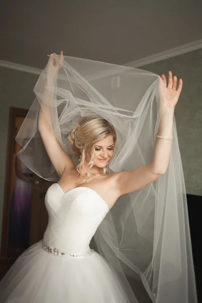Mától divat a fátyol, esküvői reggel portréja. Esküvői ruha. — Stock Fotó