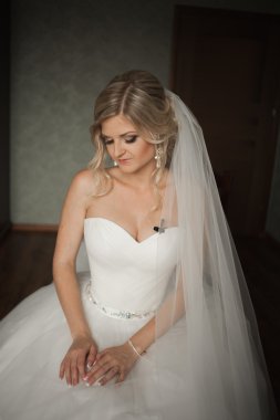 Güzel moda peçe düğün sabah gelinle portresi. Gelinlik.