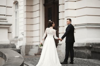 Lüks evli çift, gelin ve damat eski şehirde poz veriyor.