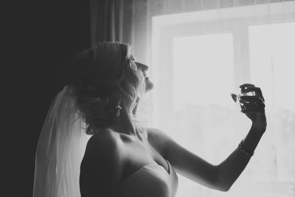 Πορτρέτο του όμορφη νύφη με πέπλο μόδας στο πρωί του γάμου. Νυφικό. — Φωτογραφία Αρχείου
