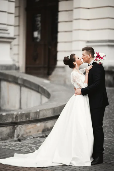 豪華な結婚式のカップル,花嫁と新郎は旧市街でポーズ — ストック写真