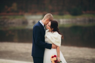 Aşk ve tutku - lake yakınındaki evli genç düğün çift öpücük