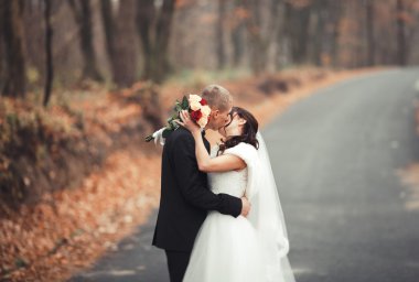 Mutlu evlilik çift, gelin ve damat park sonbaharda poz