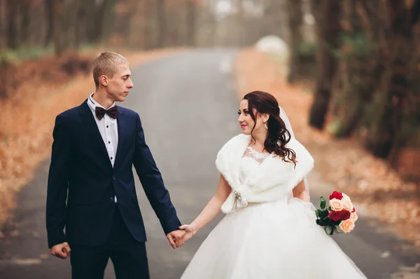 Joyeux couple de mariage, mariée et marié posant dans le parc automne — Photo