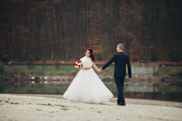 Amor e paixão - beijo do par de casamento jovem casado perto do lago — Fotografia de Stock