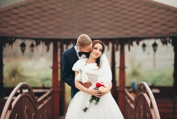 Felice coppia di nozze, sposa e sposo in posa nel parco autunno — Foto Stock