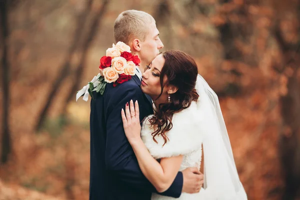 Felice coppia di nozze, sposa e sposo in posa nel parco autunno — Foto Stock