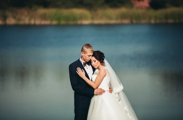 Szerelem és a szenvedély - kiss házas fiatal esküvő házaspár, tó közelében — Stock Fotó