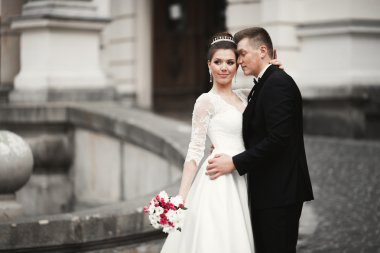 Lüks evli çift, gelin ve damat eski şehirde poz veriyor.