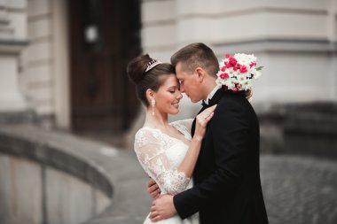 Lüks evli çift, gelin ve damat eski şehirde poz veriyor.