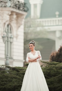 Eski şehirde poz lüks beyaz elbise ile harika gelin