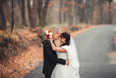 Mutlu evlilik çift, gelin ve damat park sonbaharda poz