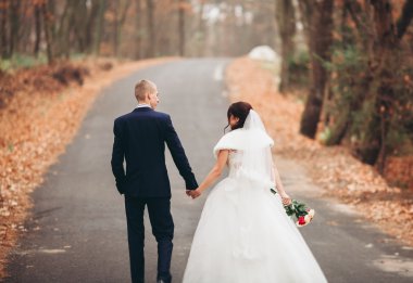 Mutlu evlilik çift, gelin ve damat park sonbaharda poz