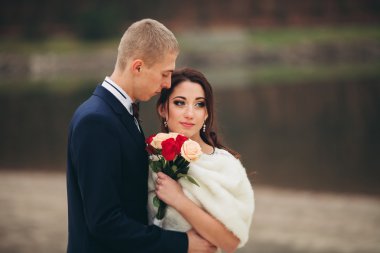 Aşk ve tutku - lake yakınındaki evli genç düğün çift öpücük