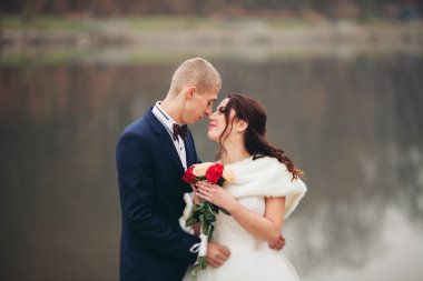 Aşk ve tutku - lake yakınındaki evli genç düğün çift öpücük