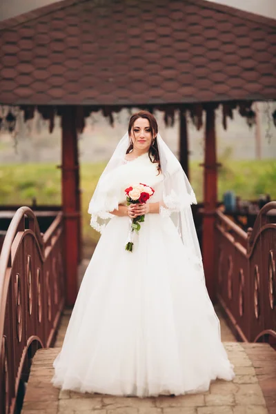 Прекрасная роскошная невеста позирует с букетом на открытом воздухе — стоковое фото