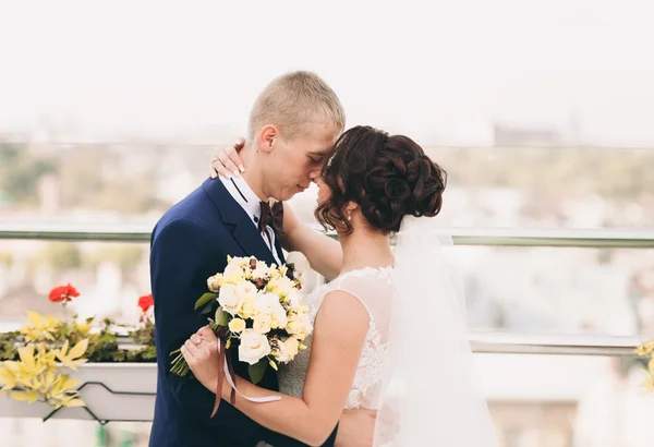 Щаслива весільна пара, наречена, поцілунки нареченого з видом на старе місто — стокове фото