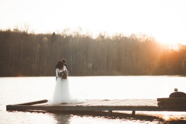 Zarif güzel düğün çifti bir göl kenarında günbatımında poz