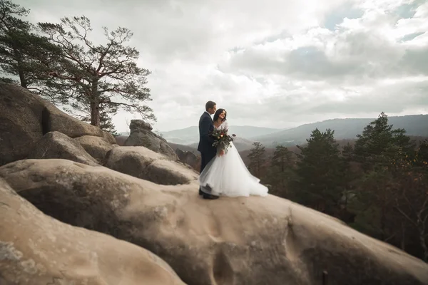 Gyönyörű menyasszony, vőlegény, csók és átölelve közelében, lenyűgöző kilátással a sziklákra — Stock Fotó