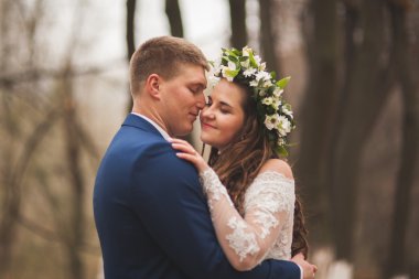 Mutlu evlilik çift, gelin ve damat sonbahar ormanda yürüyüş parkı