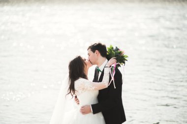 Mutlu yeni evliler, gelin ve damat nehir manzarası ile poz