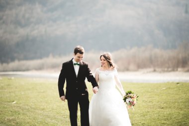 Güzel düğün çift, Gelin, poz ve yüksek Dağları arka planı alanında yürüme damat