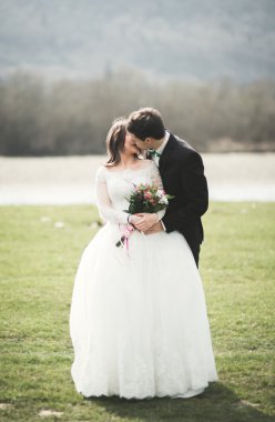 Güzel düğün çift, Gelin, poz ve yüksek Dağları arka planı alanında yürüme damat