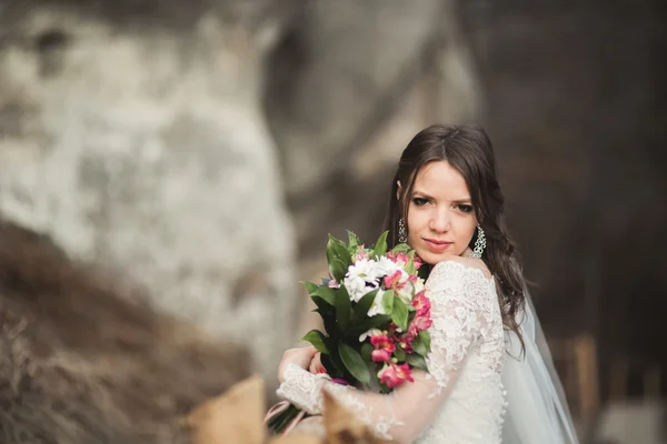 Bella sposa posa vicino rocce con una splendida vista — Foto Stock