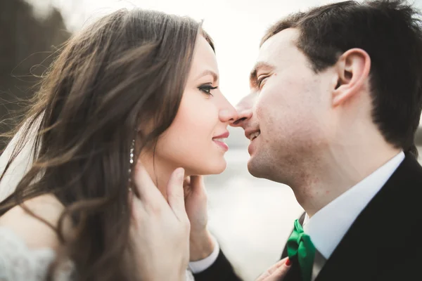 Feliz recién casados, novia y novio posando en el río con hermosas vistas —  Fotos de Stock