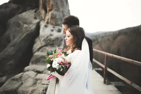 Casal de casamento feliz, noiva e noivo posando perto de pedras com belas vistas — Fotografia de Stock
