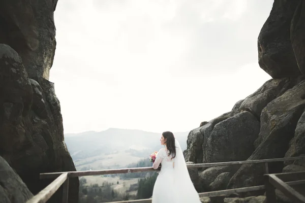 Bella sposa posa vicino rocce con una splendida vista — Foto Stock