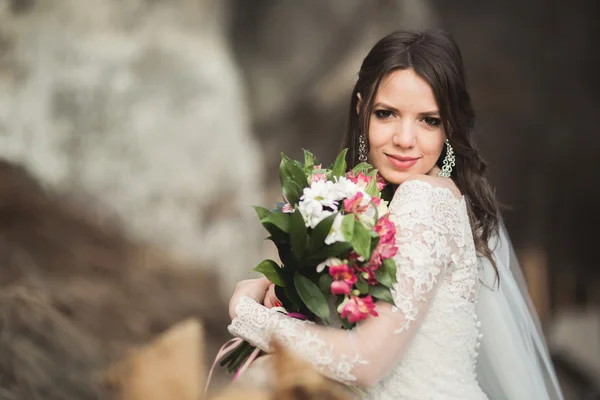 Krásná nevěsta vystupují skály s krásným výhledem — Stock fotografie