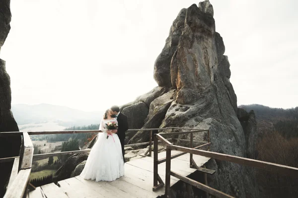 Casal de casamento feliz, noiva e noivo posando perto de pedras com belas vistas — Fotografia de Stock