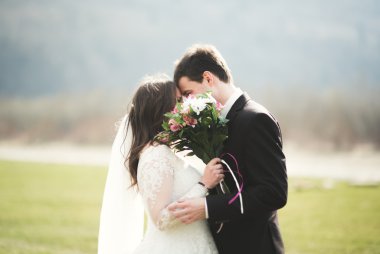 Güzel düğün çift, Gelin, poz ve yüksek Dağları arka planı alanında yürüme damat