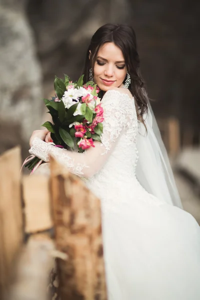 Krásná nevěsta vystupují skály s krásným výhledem — Stock fotografie
