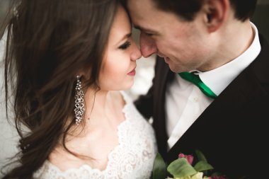 Mutlu evlilik çift, gelin ve damat zemin Dağları nın karşı temiz nehir poz