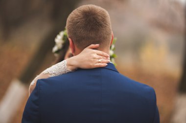 Mutlu evlilik çift, gelin ve damat sonbahar ormanda yürüyüş parkı