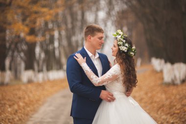 Mutlu evlilik çift, gelin ve damat sonbahar ormanda yürüyüş parkı