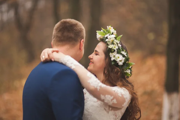 Joyeux mariage couple, mariée et marié marchant dans la forêt d'automne, parc — Photo