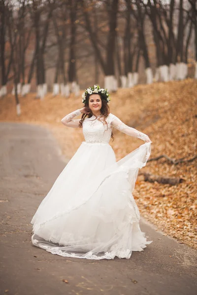 Hermosa novia posando en el parque y el bosque otoño — Foto de Stock