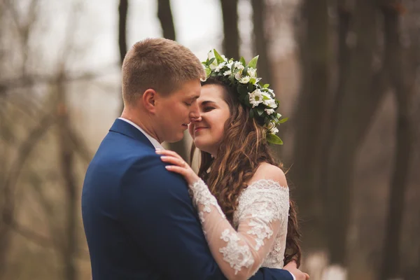 Joyeux mariage couple, mariée et marié marchant dans la forêt d'automne, parc — Photo