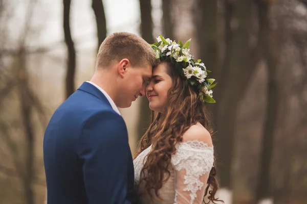 Happy bröllopsparet, bruden och brudgummen promenader i skogen höst, parkera — Stockfoto