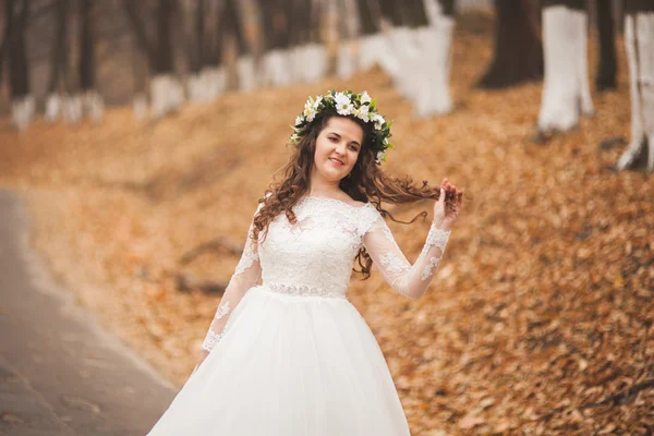 Красивая невеста позирует в парке и лесу осенью — стоковое фото