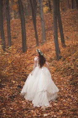 Park ve orman sonbaharda poz güzel gelin