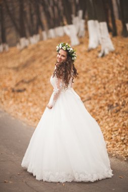 Park ve orman sonbaharda poz güzel gelin