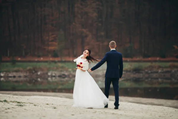 爱与激情-已婚年轻新婚夫妇湖附近的吻 — 图库照片