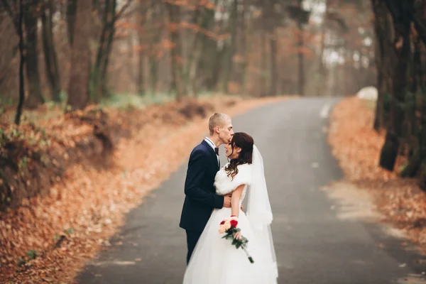 Щаслива весільна пара, наречена і наречений позує в парку осінь — стокове фото