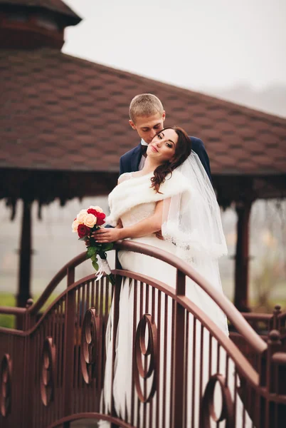 Szczęśliwy wesele para, Narzeczeni pozowanie w parku jesień — Zdjęcie stockowe