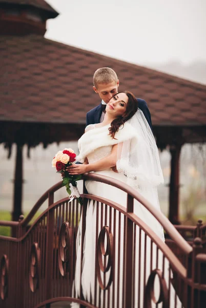 Joyeux couple de mariage, mariée et marié posant dans le parc automne — Photo